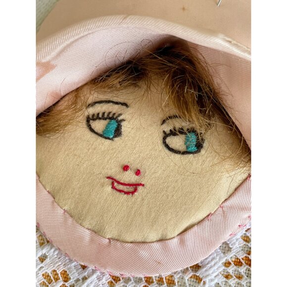 Antique 1930s Pincushion doll Face Embroidered  Silk Pink - Picture 7 of 15
